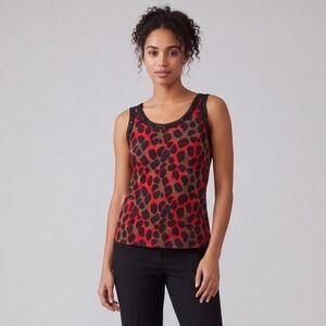 Vtg Y2K Lynn Ritchie Red Leopard Print 100% Silk Tank Top Crochet Sequin Trim XL